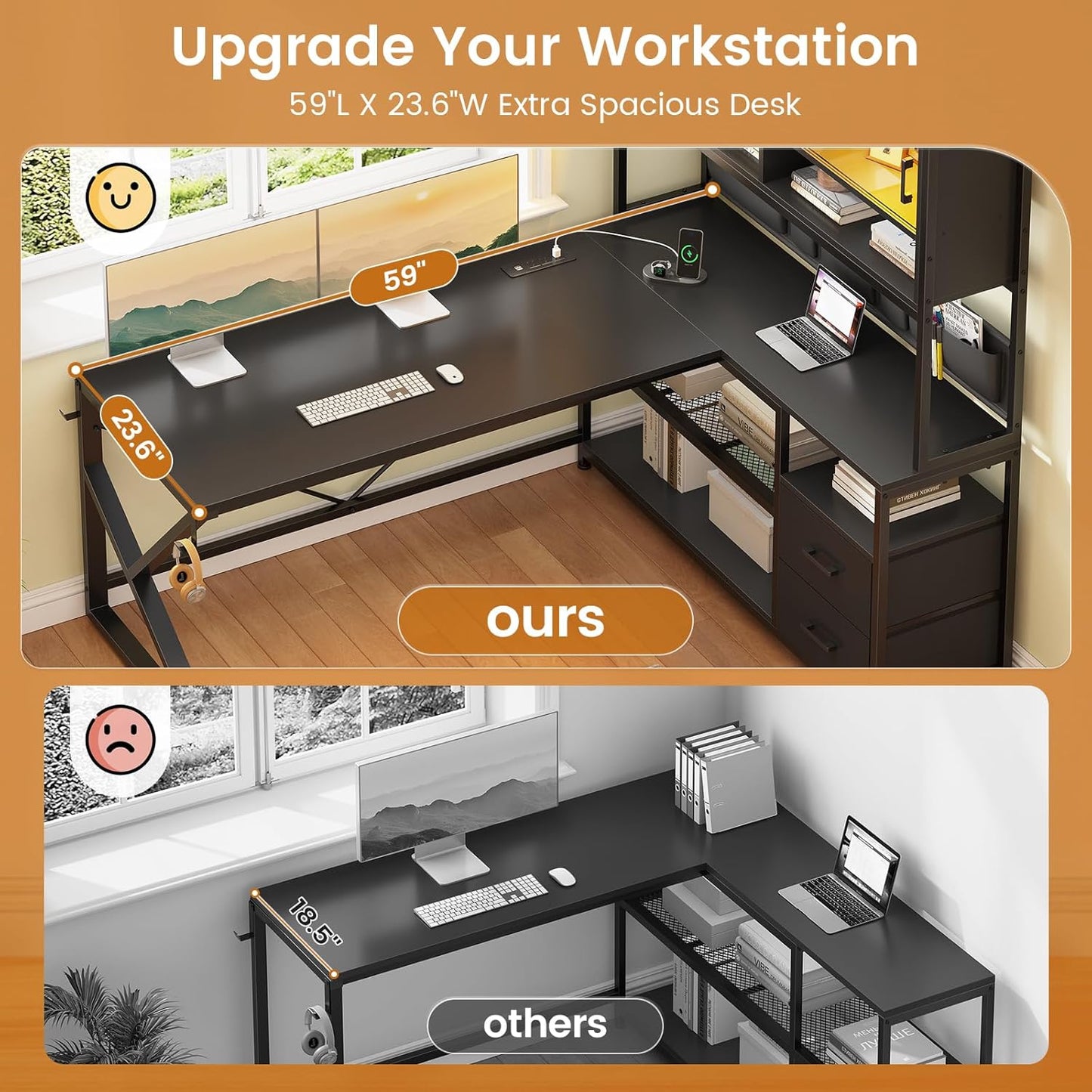 L Shaped Gaming Desk, Home Office Computer Desk with 2 Drawer and Bookshelf, L Shaped Gaming Desk with LED Light, Glass Cabinet and Storage Bag, Corner Desk with Storage Shelves, Black