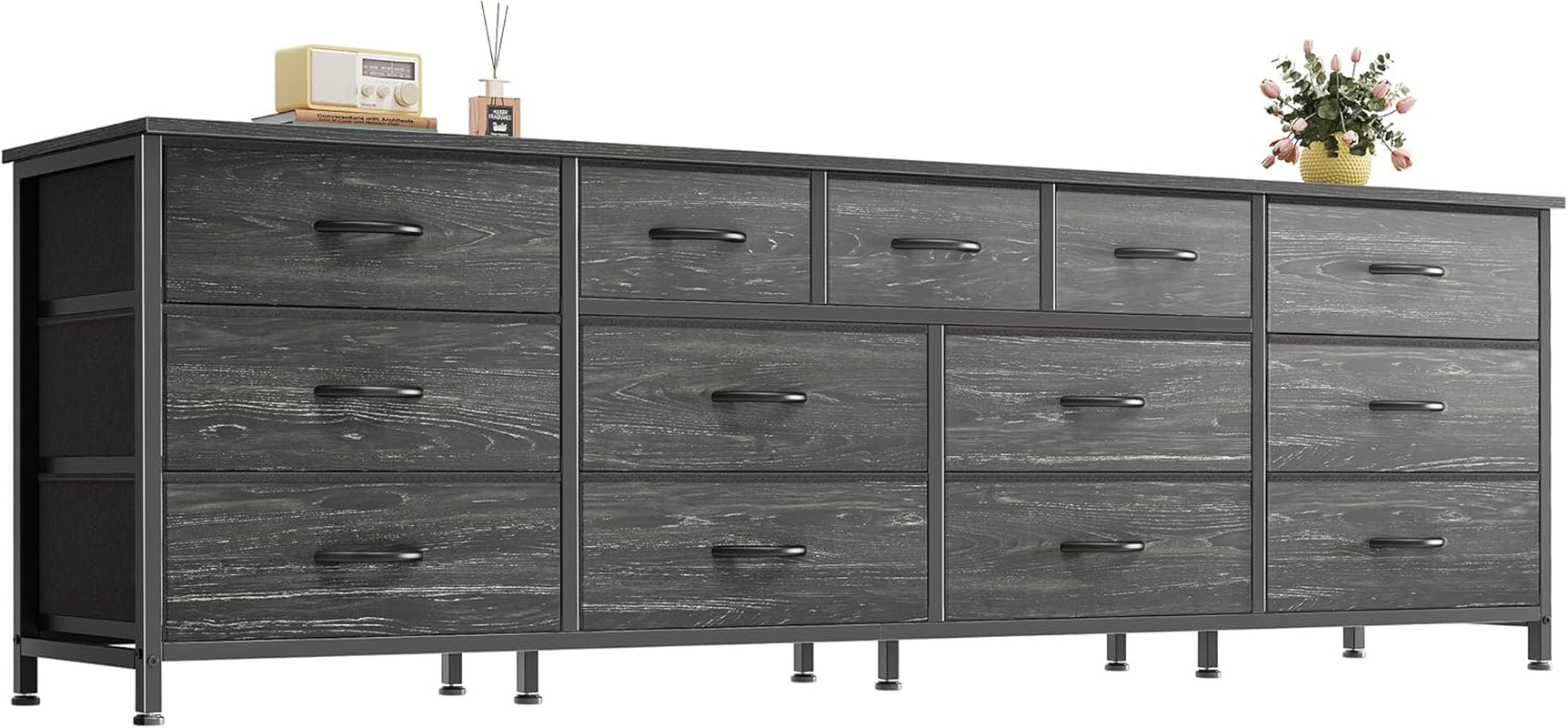 70 Inch Dresser for Bedroom, TV Stand for 65, 75, 80 Inch TV, 13 Fabric Drawer Long Dresser, Large Entertainment Center for Bedroom, Wide Chest of Drawer with Storage, Charcoal Black