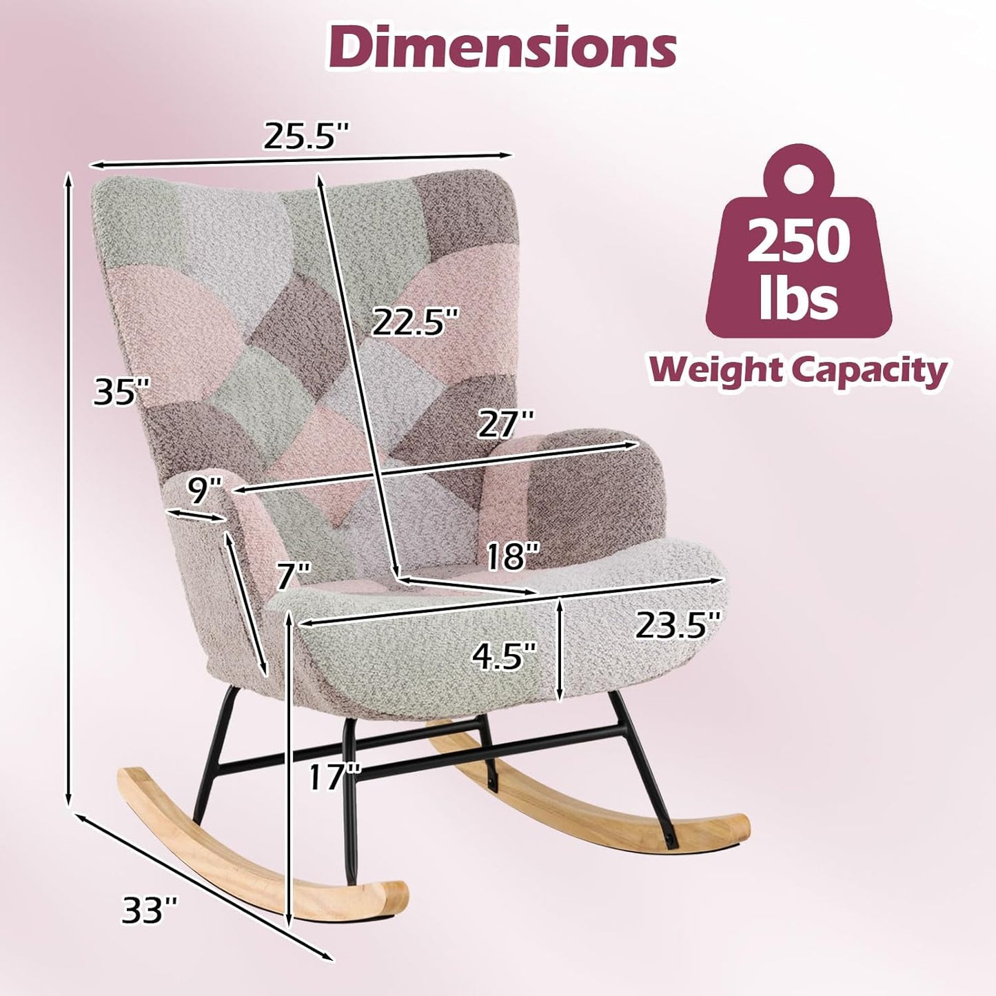 Rocking Chair Nursery, Boucle Upholstered Glider Rocker W/Ergonomic High Backrest, Rubber Wood Legs & Side Pocket, Patchwork Modern Accent Chair for Bedroom, Living Room, Offices