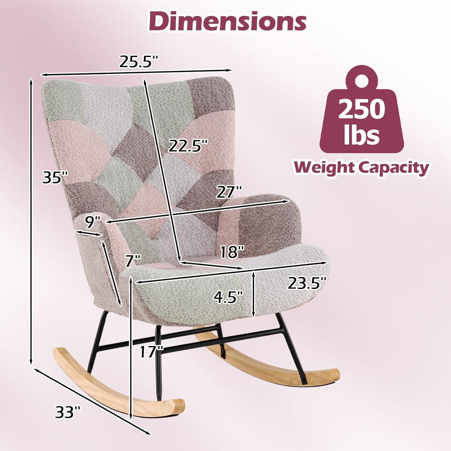 Rocking Chair Nursery, Boucle Upholstered Glider Rocker W/Ergonomic High Backrest, Rubber Wood Legs & Side Pocket, Patchwork Modern Accent Chair for Bedroom, Living Room, Offices
