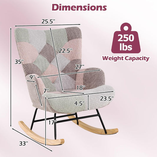Rocking Chair Nursery, Boucle Upholstered Glider Rocker W/Ergonomic High Backrest, Rubber Wood Legs & Side Pocket, Patchwork Modern Accent Chair for Bedroom, Living Room, Offices