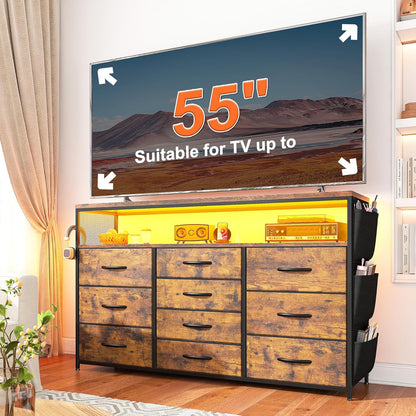 Dresser for Bedroom with 10 Drawers for 55" TV Stands for Living Room with LED Lights & Power Outlets Dressers with Shelves & Side Pockets Rustic Brown