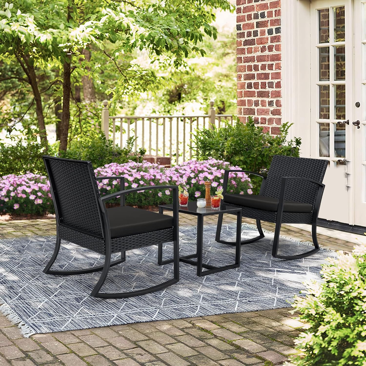3 Pieces Outdoor Furniture Set Patio Bistro Rocking Chairs with Glass Coffee Table for Pool Beach Backyard Balcony Porch Deck Garden, Dark Black