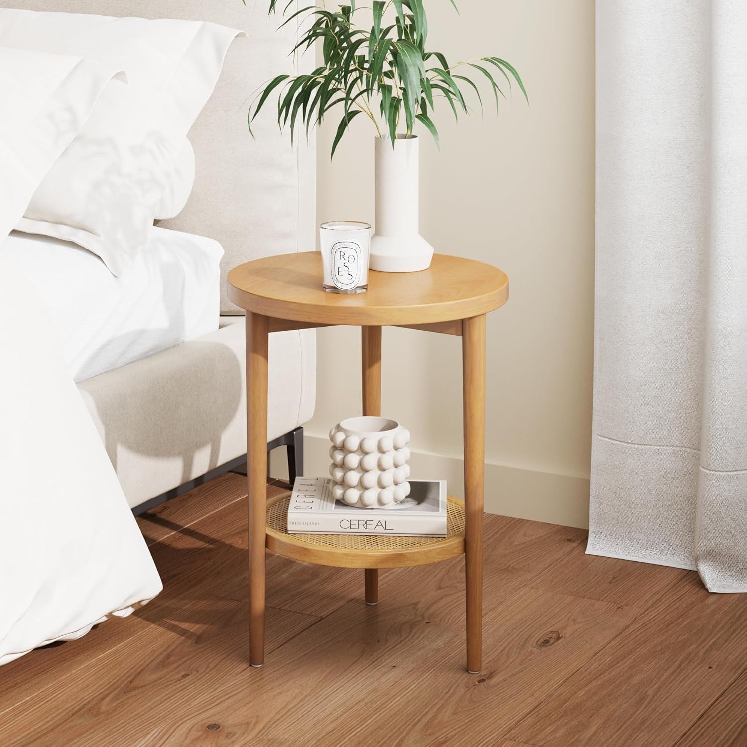 Sonia Boho round Accent End Table, Natural Sofa Side Table in Light Wood with Rattan Storage Shelf for Living Room, Bedroom or Nursery, Light Brown