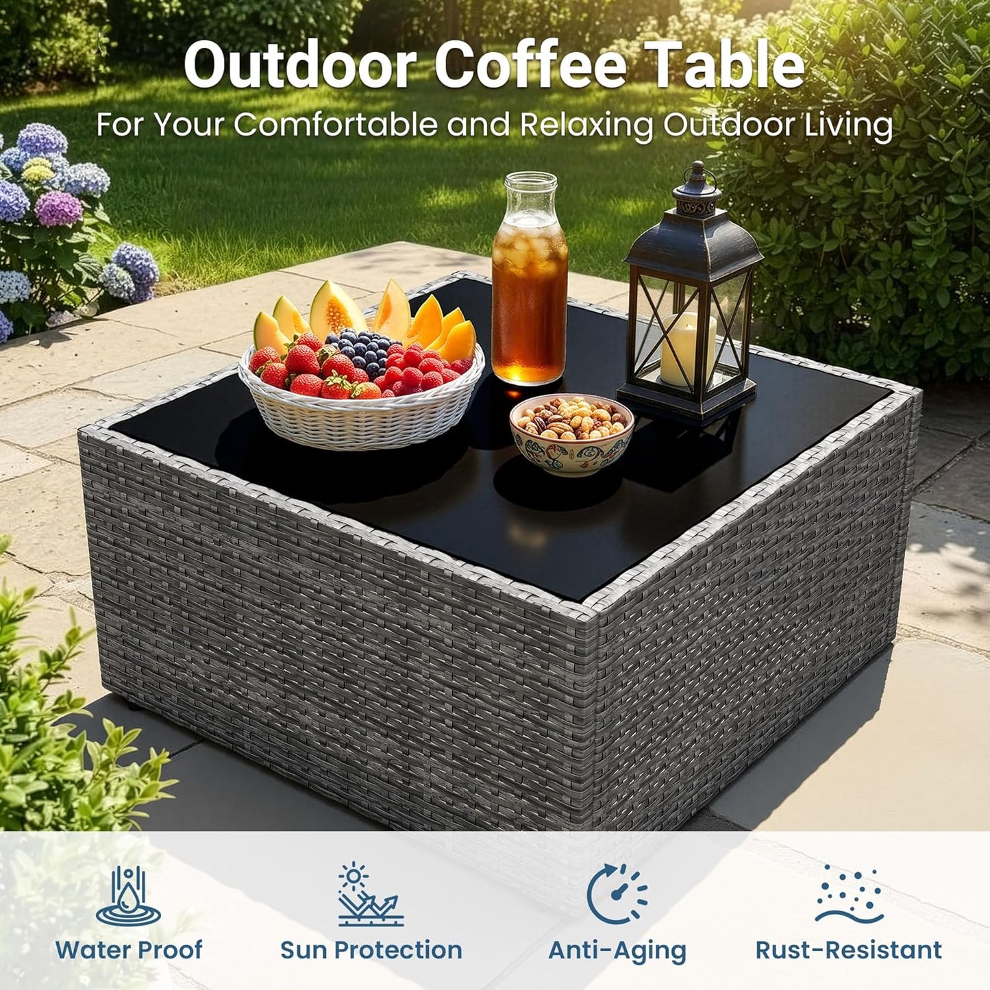 5-Pieces Outdoor Patio Furniture Set, All Weather Wicker Rattan Sectional Sofa, Patio Conversation Set with Cushions & Glass Coffee Table for Backyard Porch Garden Balcony, Grey