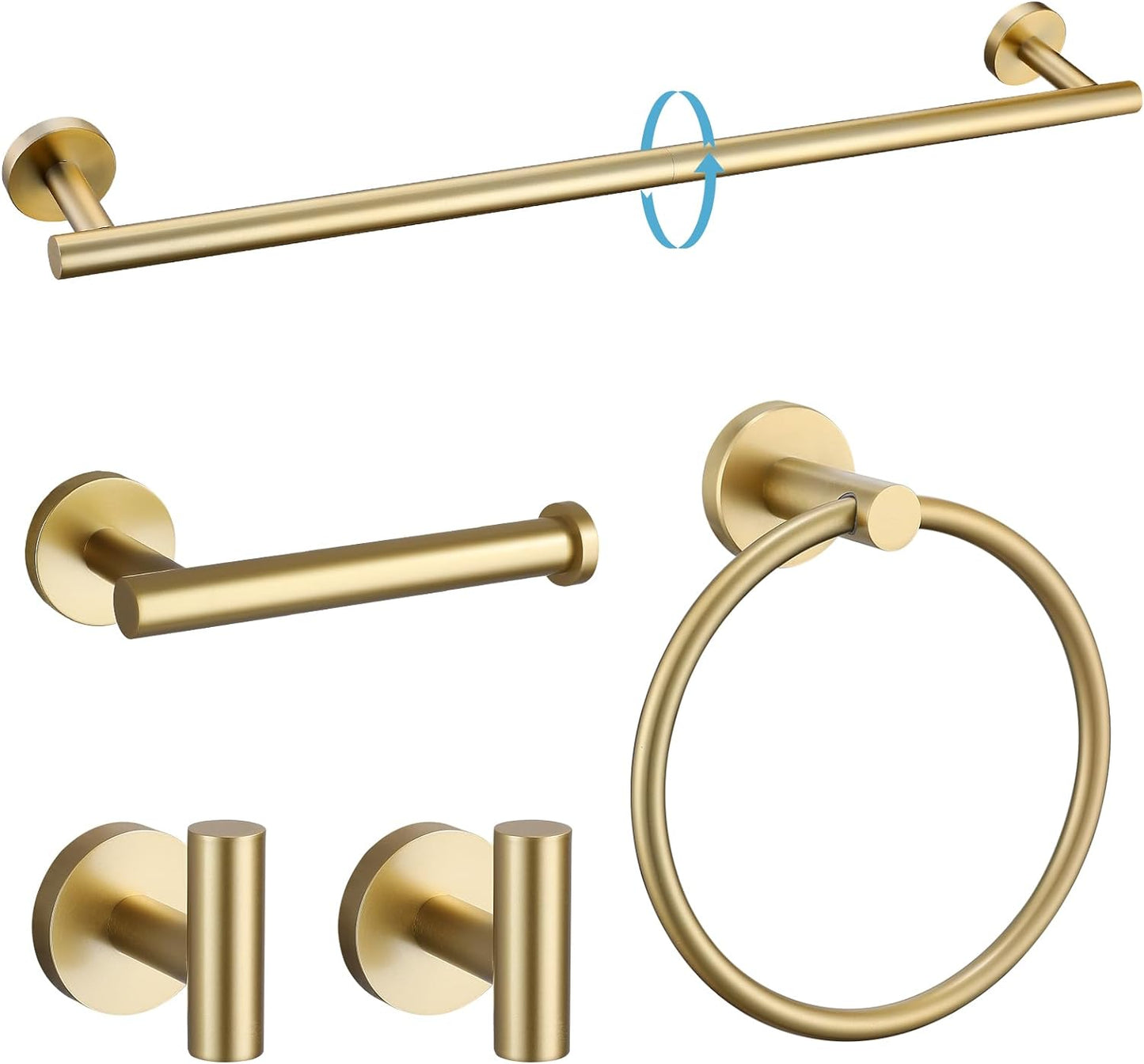 Brushed Gold 5 Piece Bathroom Hardware Set, SUS304 Stainless Steel 24 Inch Bath Towel Bar Set, round Bathroom Accessories Kit Wall Mounted