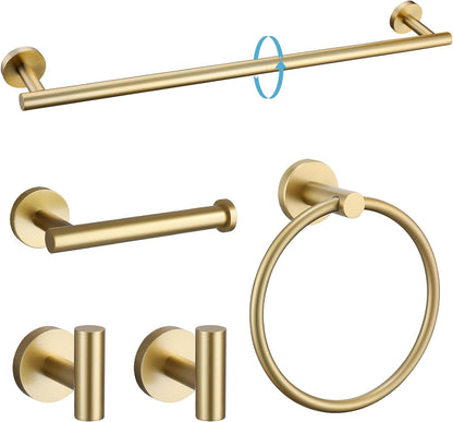 Brushed Gold 5 Piece Bathroom Hardware Set, SUS304 Stainless Steel 24 Inch Bath Towel Bar Set, round Bathroom Accessories Kit Wall Mounted