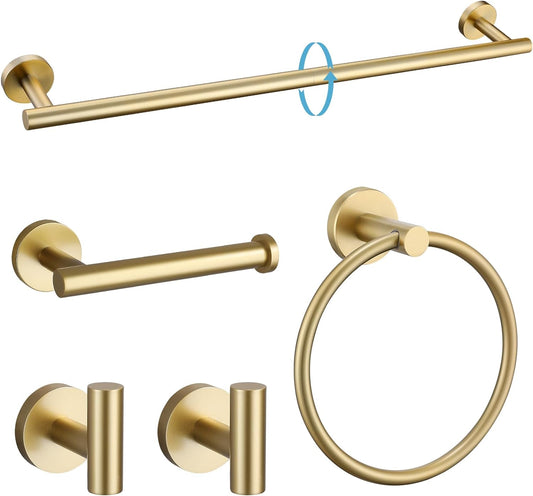 Brushed Gold 5 Piece Bathroom Hardware Set, SUS304 Stainless Steel 24 Inch Bath Towel Bar Set, round Bathroom Accessories Kit Wall Mounted