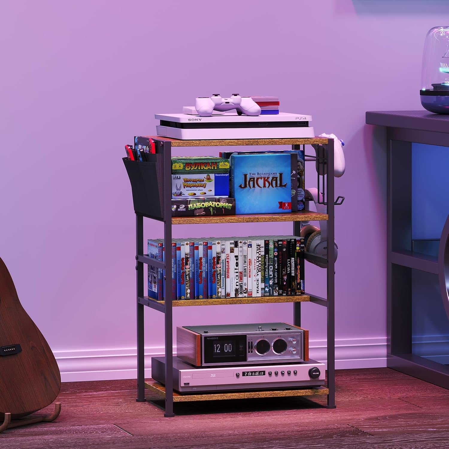 4-Tier AV Media Stand,Game Console Stand with 4 Hooks and Fabric Bags,Dvd Shelf,Media Storage Cabinet,Audio Rack Record Player Stand Small Entertainment Center for Home Dorm, Apartment