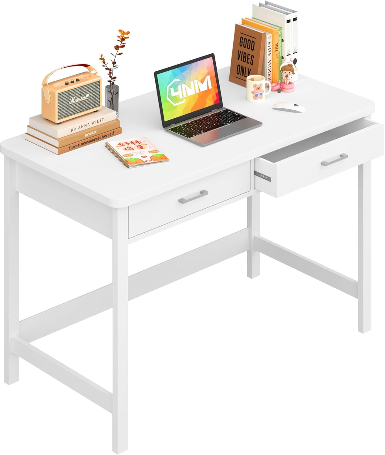 39.4" Computer Desk with Drawer, Morden White Home Office Desk, Study Writing Table with Storage for Small Spaces,Vanity Desk Makeup Table for Bedroom - White