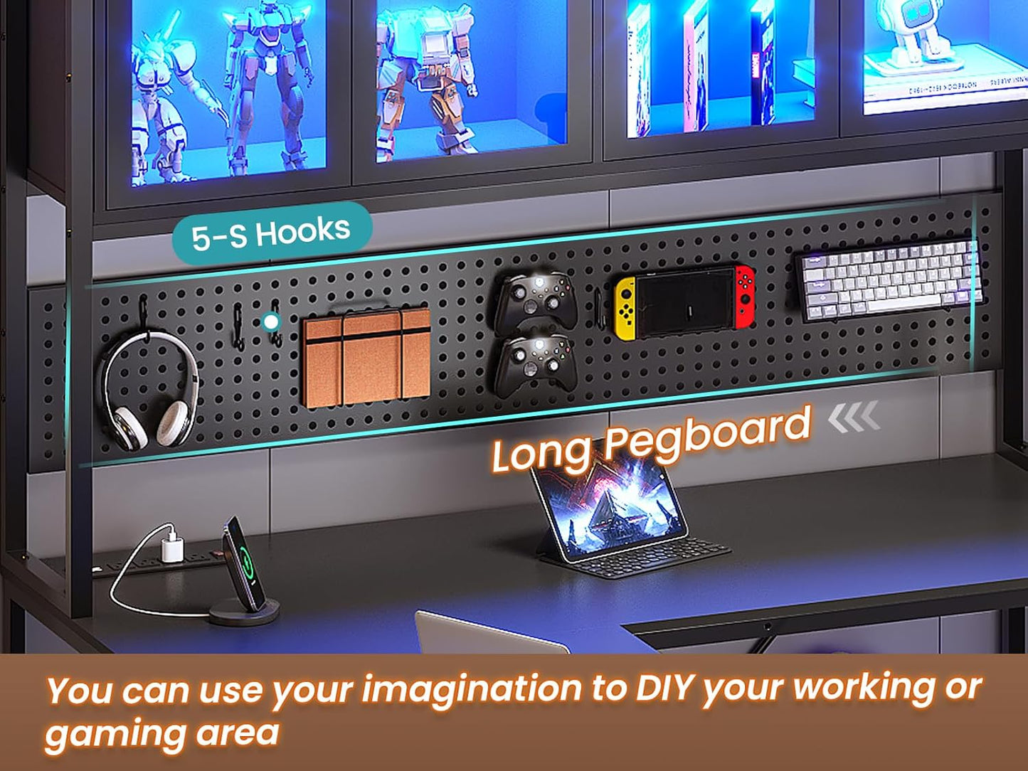 L Shaped Gaming Desk with Drawers, L Shaped Computer Desk with Hutch and Storage Shelves, Gaming Desk with Pegboard, Led Lights, and Power Outlet, Home Office Desk, Corner Desk, Black