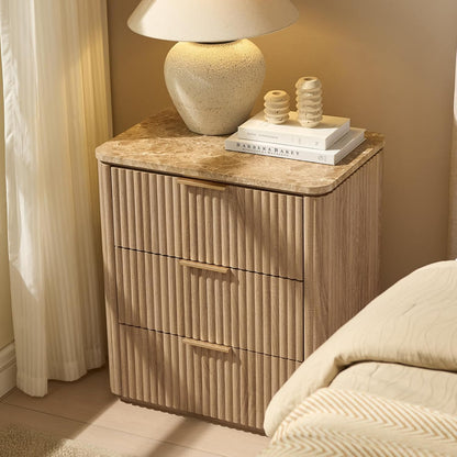 Fluted Nightstand Set of 2, Engineered Wood Bedside Table with 3 Drawers, Modern End Table with Faux Marble-Top, Curved Corners, Metal Handle, Large Night Stand for Bedroom, Office, Closet Natural Oak