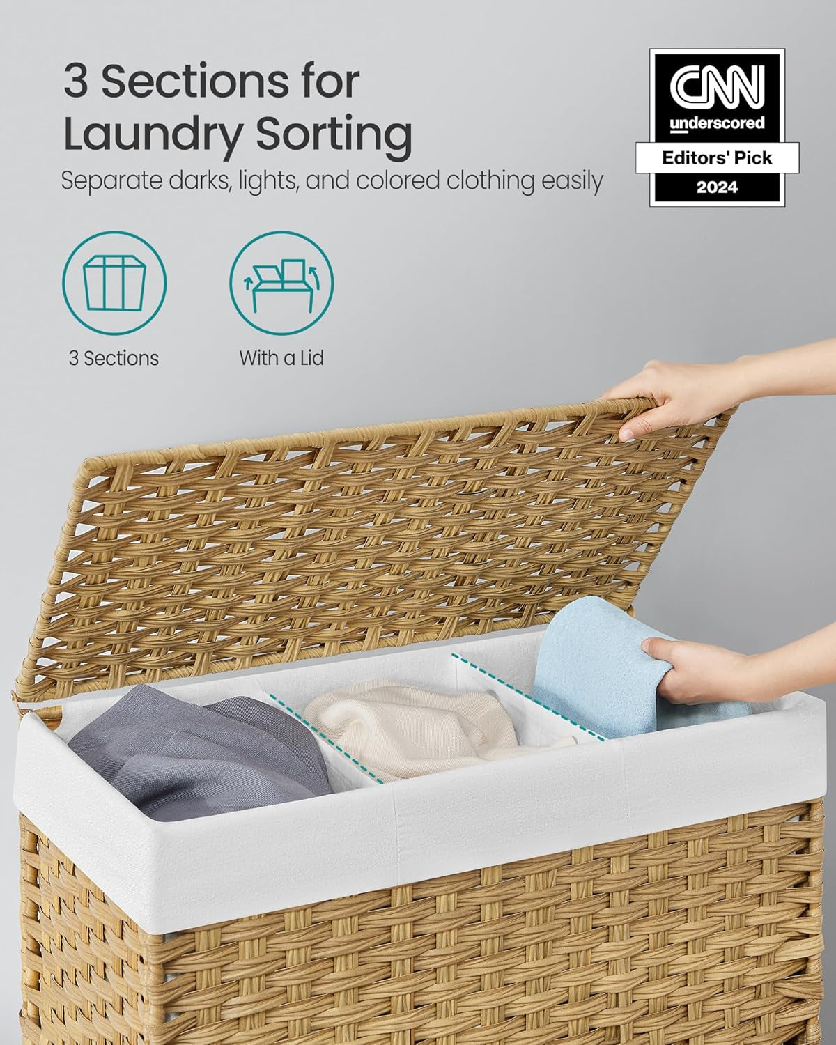 Laundry Hamper with Lid, 42.3 Gallons (160 L), Rolling Laundry Basket with Wheels, 3-Section Synthetic Rattan, Removable Liner, Bedroom, 27.6 X 14.2 X 26 Inches, Natural ULCB365N01