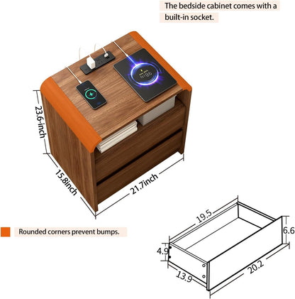 Modern Nightstand, 23.6-Inch Wide with Charging Station & Curved Anti-Collision Design, Mid-Century Storage Cabinet, Pre-Embedded Slots, Sturdy & Reusable, Ideal for Dorm, Sofa, or Office (1)