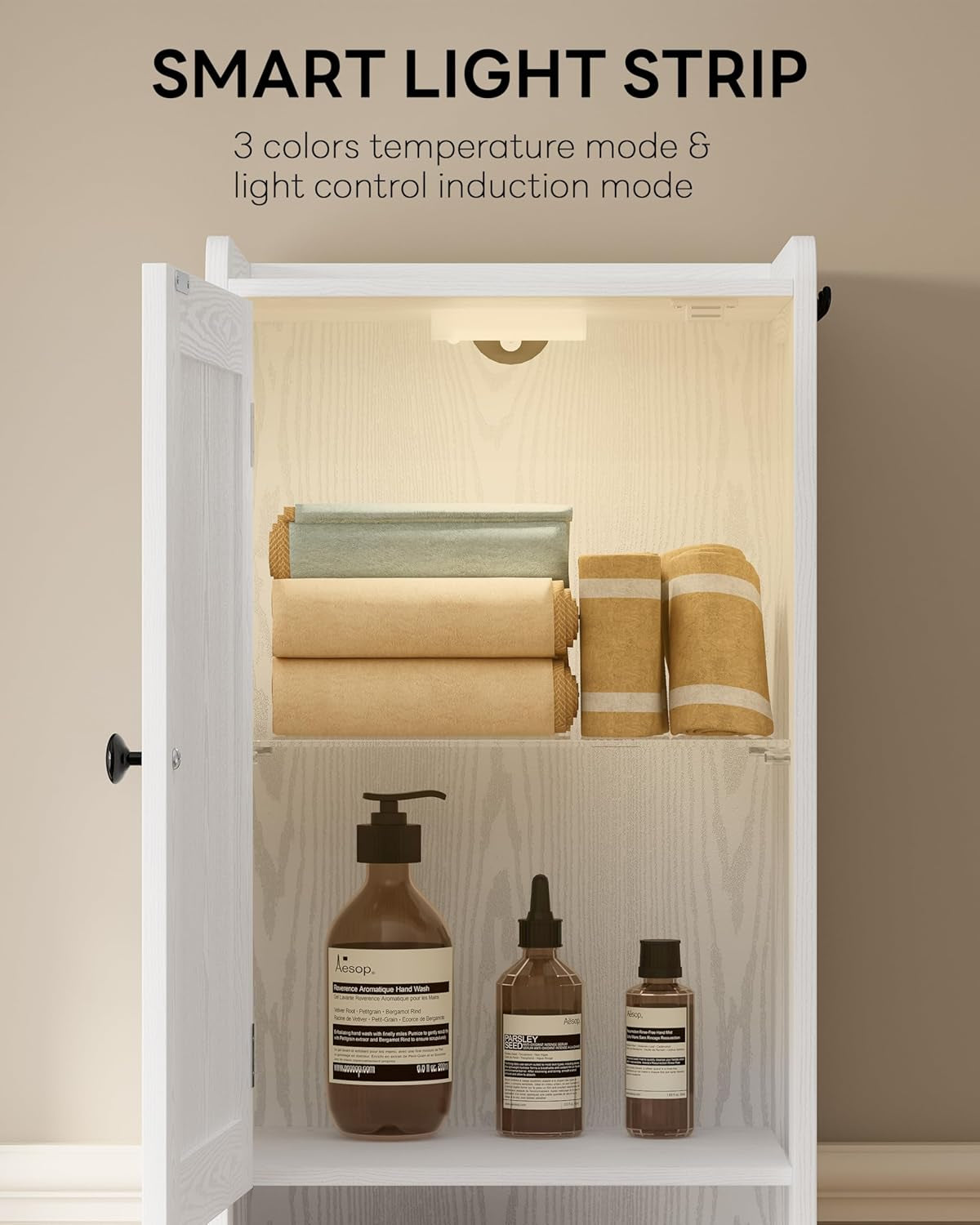 68" Tall Bathroom Storage Cabinet with Lights, Narrow Bathroom Storage Cabinet with Adjustable Shelves & 2 Hooks, Slim Freestanding Cabinet for Small Space, Kitchen, Living Room, White