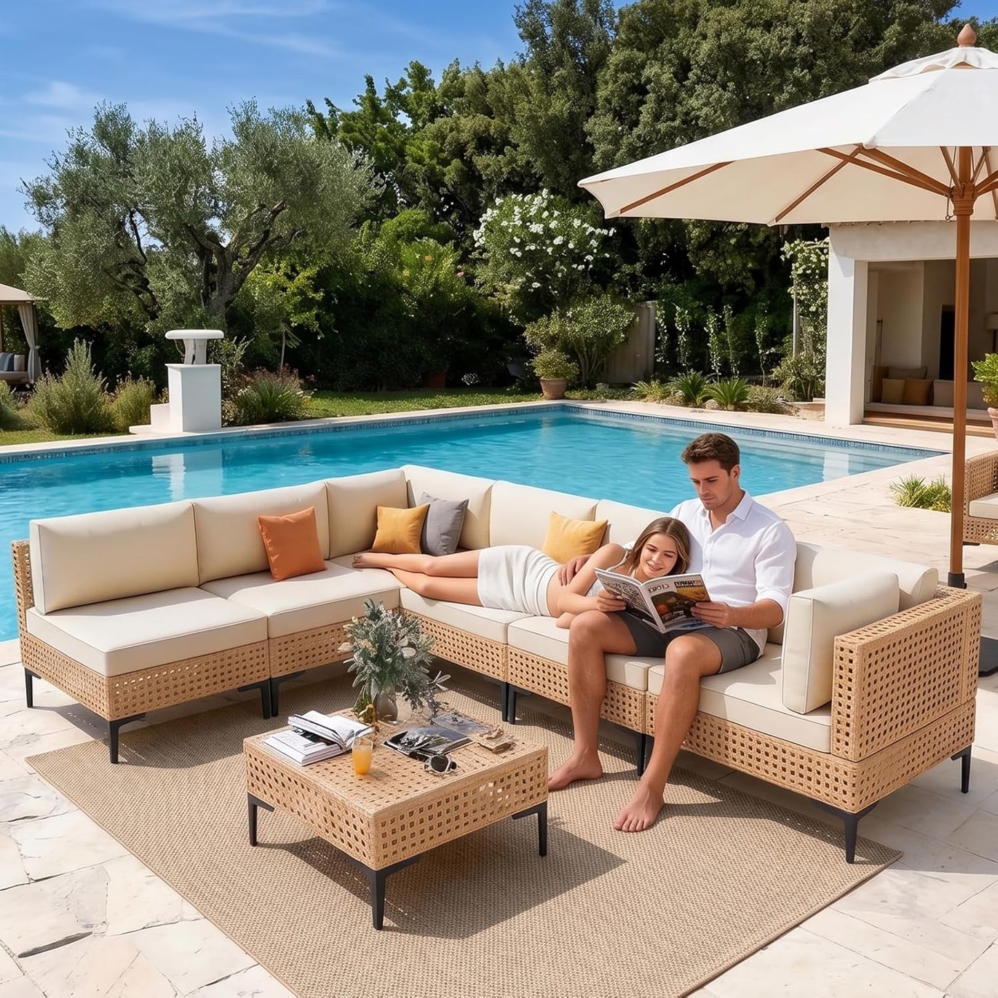 Patio Furniture Set, 110" Large 7-Piece Wicker Outdoor Patio Furniture Sets with Anti-Slip Cushions & Coffee Table,Boho Patio Conversation Set Sectional Sofa for Backyard,Porch,Beige