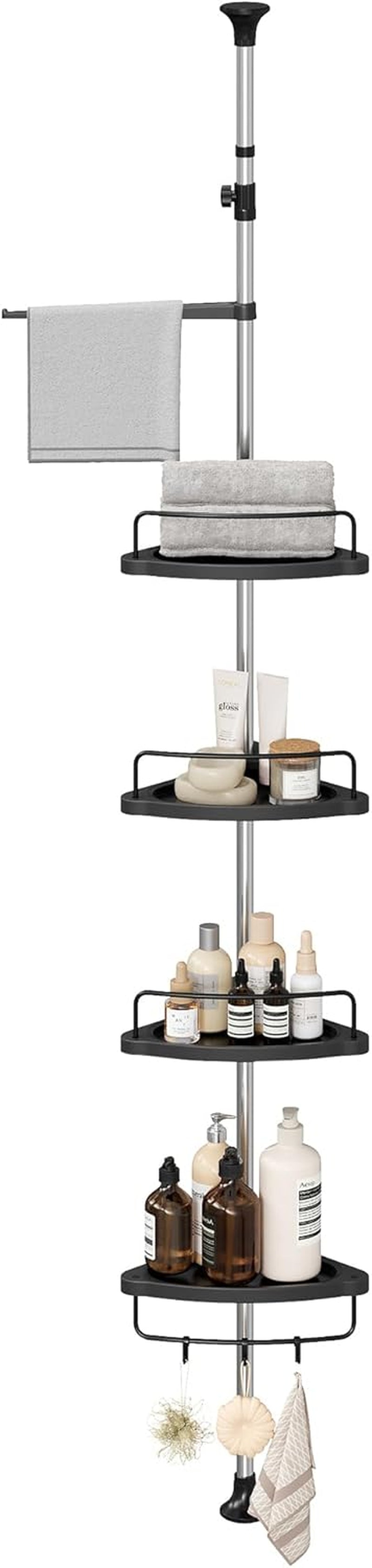Corner Shower Caddy Tension Pole, 4-Tier Rust-Resistant Shower Organizer, Shower Shelf, Drill-Free, 35.8 to 118.1 Inches, Height Adjustable Trays, for Bathroom, Ink Black UBCB008B01