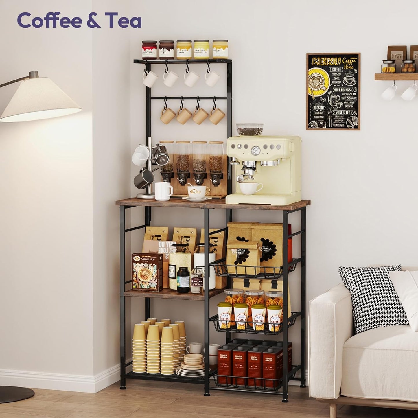 Bakers Rack with Storage - Coffee Bar Cabinet with Shelves, Coffee Station Organizer and Kitchen Stand with 8 Hooks, Baskets, Adjustable Feet for Kitchen Dining Room Pantry, Espresso