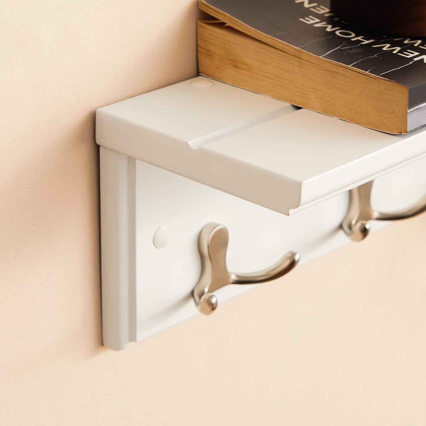 Entryway Hanging Coat Rack, Wall-Mounted Wooden Shelf, with 4 Double Hooks, Wall Floating Shelf, White ULHR42WT