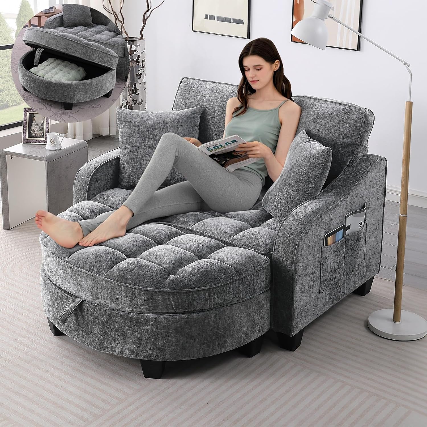 Oversized Curved Chaise Lounge Chair Indoor with Ottoman, 54.8" Cloud Boneless Reading Chair Soft Chenille Circle Couch for Living Room, Apartroom, Bedroom, Grey