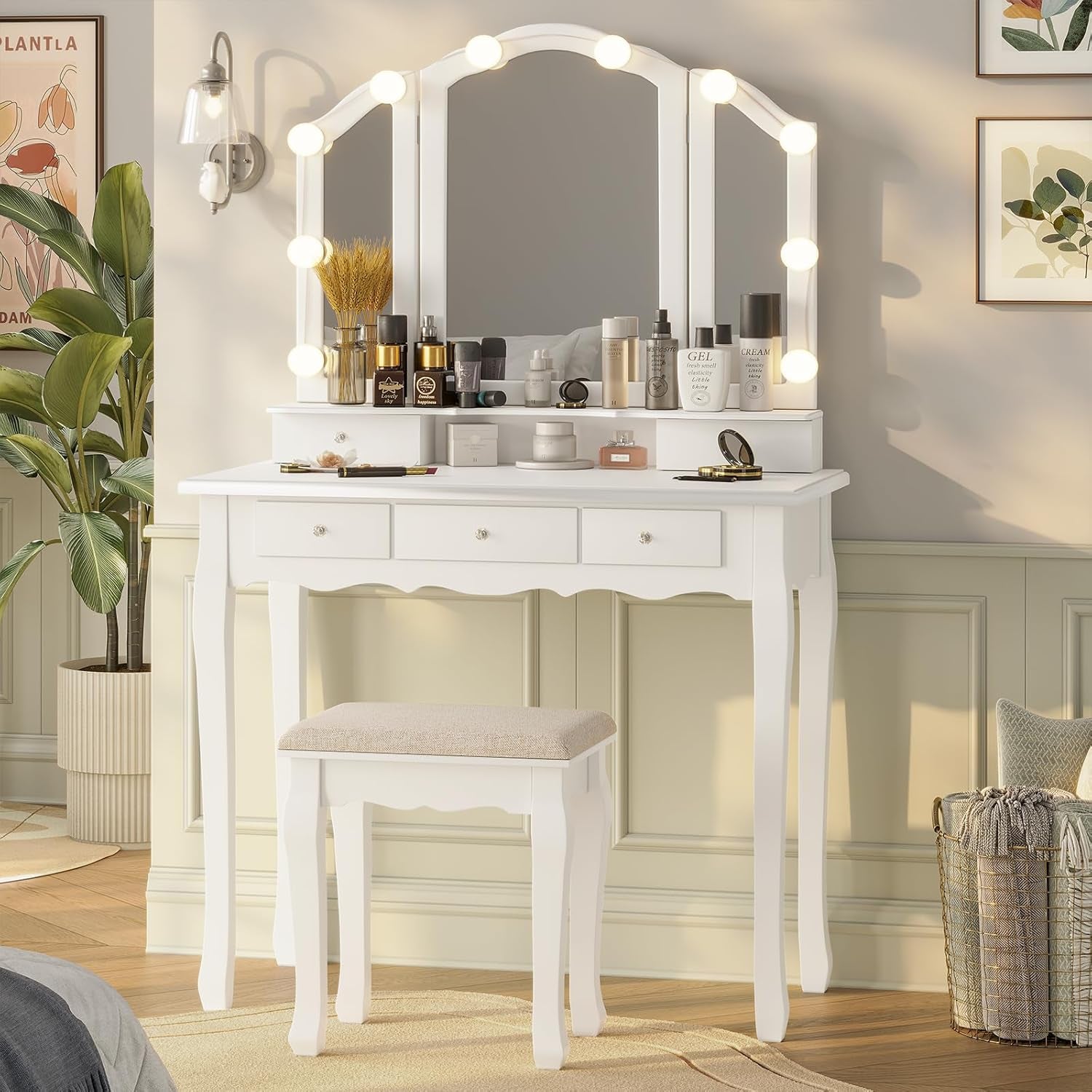 Makeup Vanity with Lights, Vanity Desk with Lighted Mirror and Stool, Vanity Table Set with 5 Drawers, 3 Light Settings, Adjustable Brightness, White