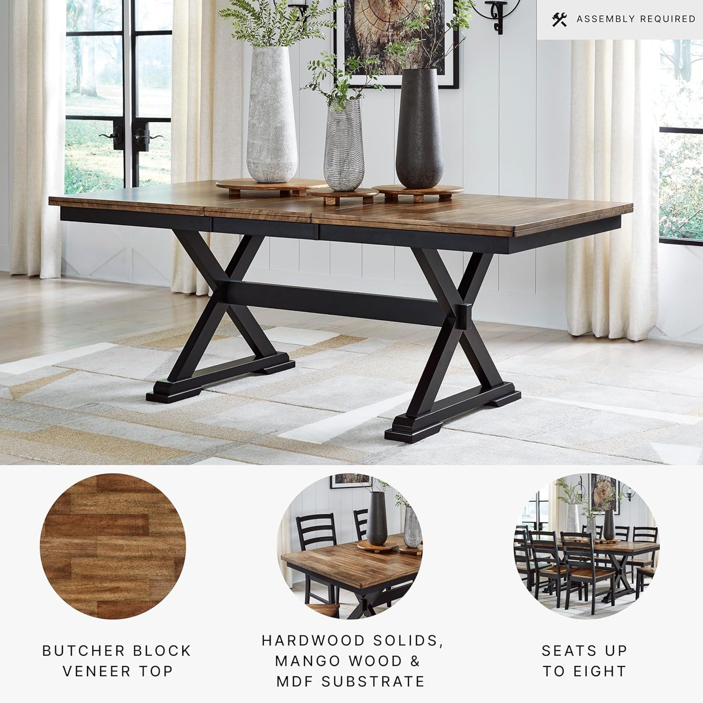 Wildenauer Farmhouse Dining Extension Table with Self-Storing Butterfly Leaf for 6-8 People, Black & Dark Brown