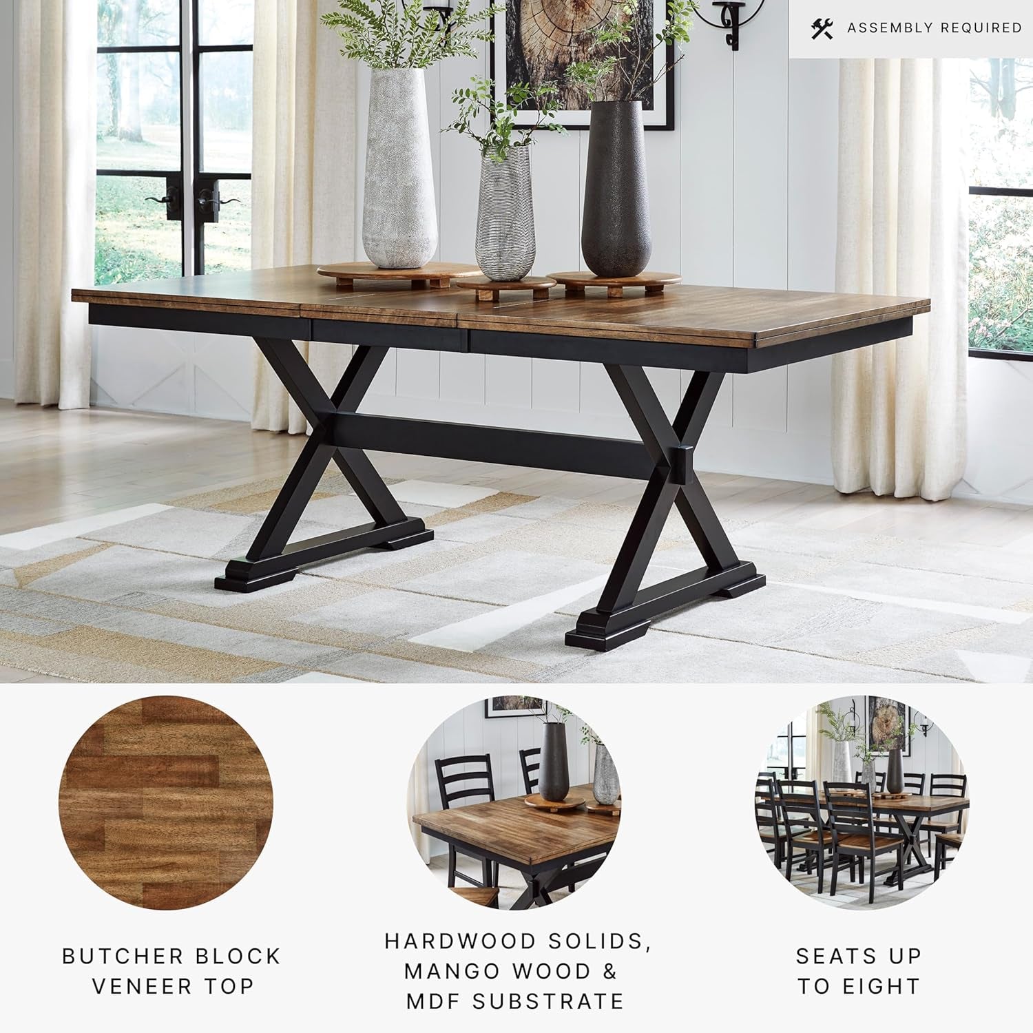 Wildenauer Farmhouse Dining Extension Table with Self-Storing Butterfly Leaf for 6-8 People, Black & Dark Brown