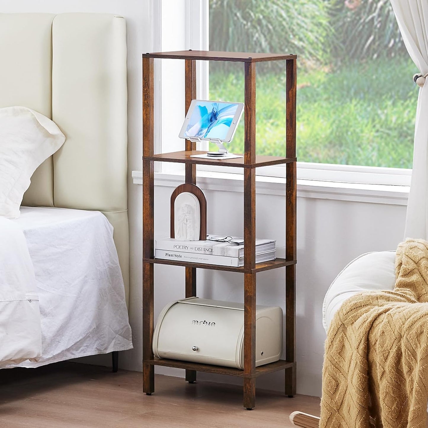 4 Tier Tall Wooden Bookshelf with Storage - Small Bookcase for Small Spaces, Shelf for Living Room, Office, Bedroom, Kitchen - Industrial Retro Brown Book Shelf