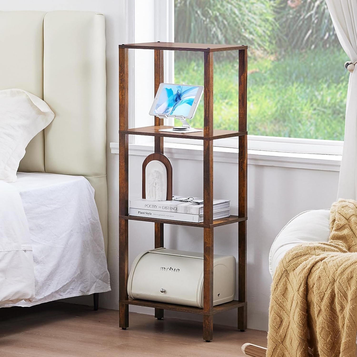 4 Tier Tall Wooden Bookshelf with Storage - Small Bookcase for Small Spaces, Shelf for Living Room, Office, Bedroom, Kitchen - Industrial Retro Brown Book Shelf