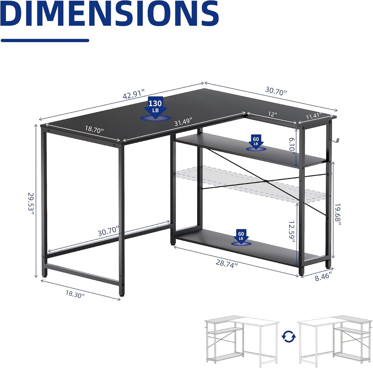 43 Inch L Shaped Computer Desk with Reversible Side Storage Shelves, Small Corner Desk for Small Space Home Office,Writing Study Table Gaming PC Desk for Bedroom,Black