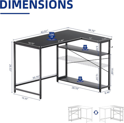43 Inch L Shaped Computer Desk with Reversible Side Storage Shelves, Small Corner Desk for Small Space Home Office,Writing Study Table Gaming PC Desk for Bedroom,Black