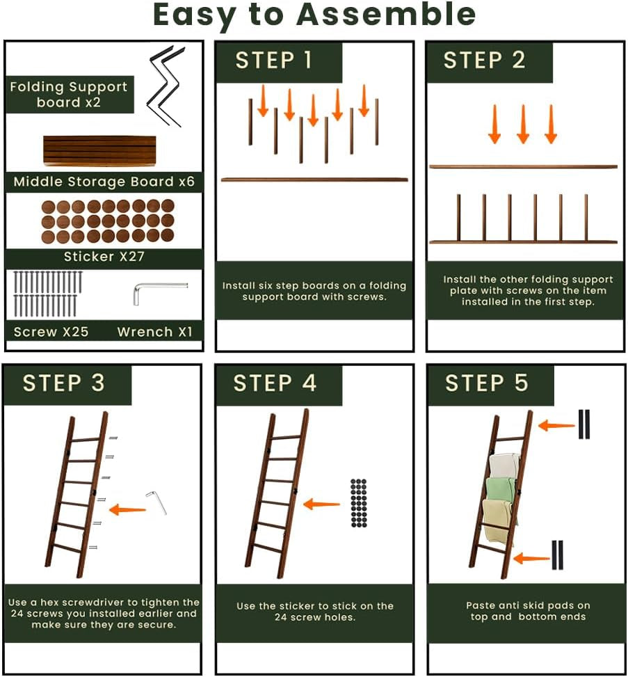 Decorative Wooden Blanket Ladder for the Living Room and Bedroom, 5Ft 8 Inch, Pine Wood Quilt Ladder, 6-Tier Wall Leaning Blanket Rack Stand, Farmhouse Blanket Ladder for Home Décor N Display.(Brown)