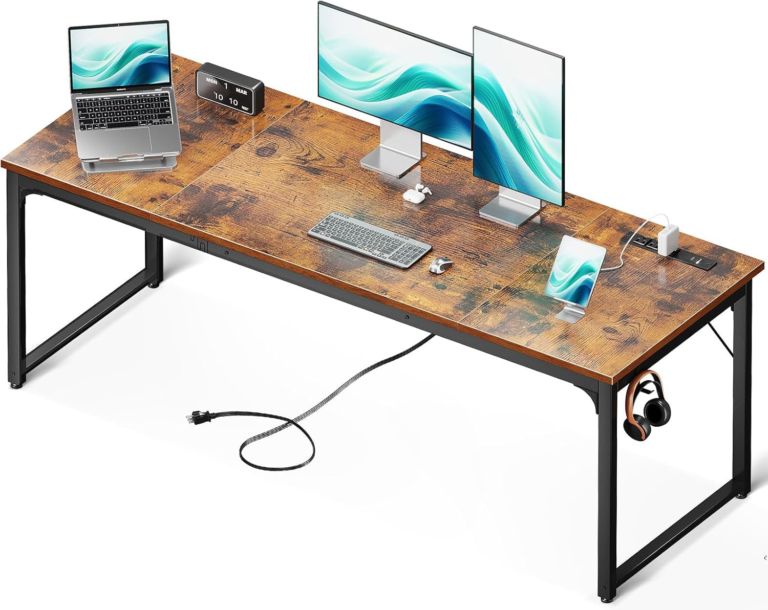 71 Inch Computer Desk with USB Ports, Large Office Desk, Long Study Student Writing Desk, Rustic Brown