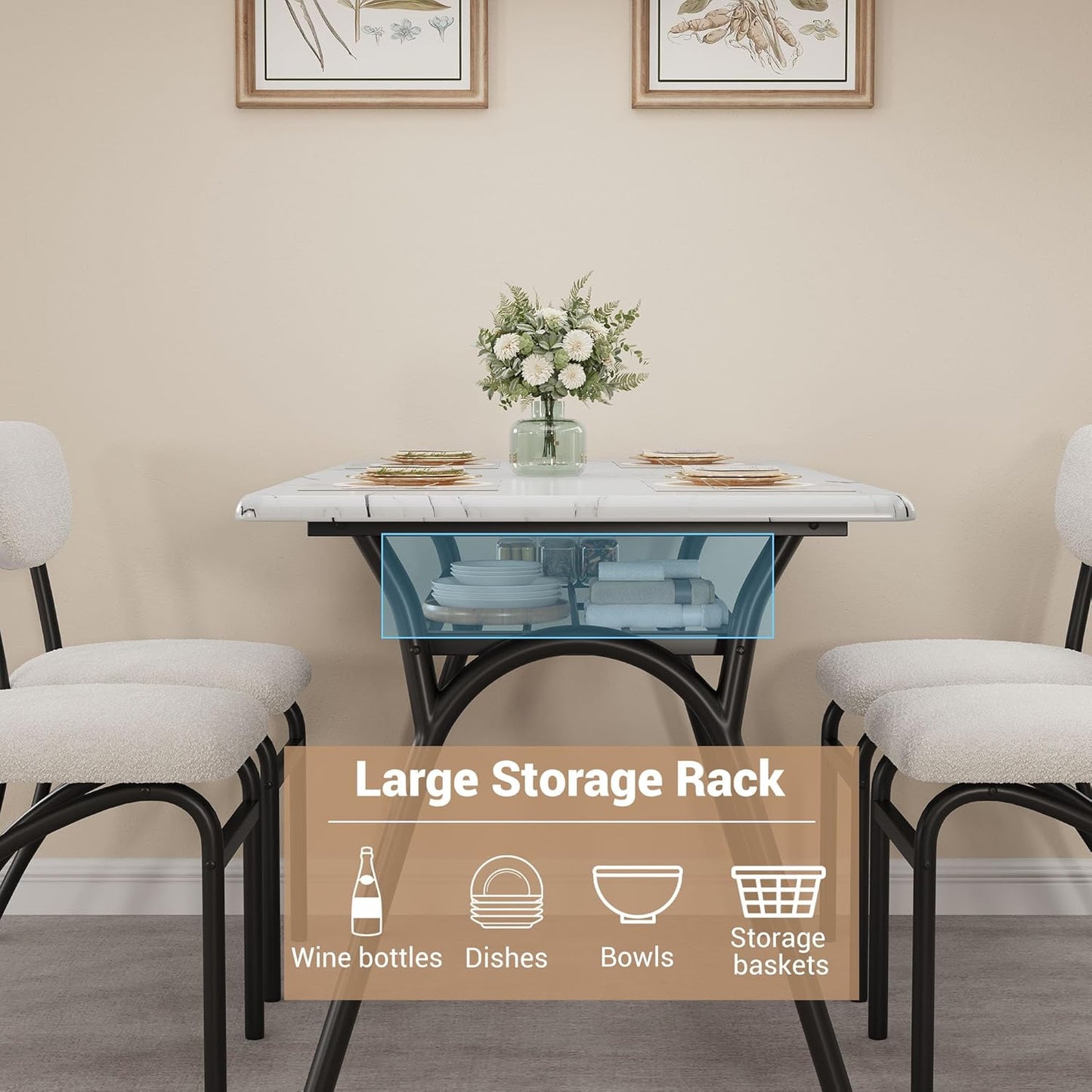 5-Piece Dining Table Set for 4, Modern Kitchen Table with 4 Boucle Chairs, Rectangular Dining Table with Storage Shelf & Marble Tabletop, Beige Home Dining Furniture for Small Space