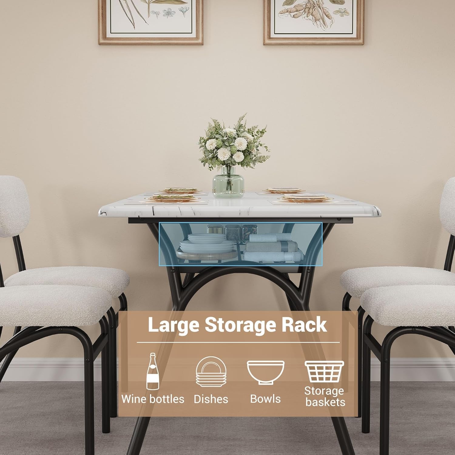 5-Piece Dining Table Set for 4, Modern Kitchen Table with 4 Boucle Chairs, Rectangular Dining Table with Storage Shelf & Marble Tabletop, Beige Home Dining Furniture for Small Space
