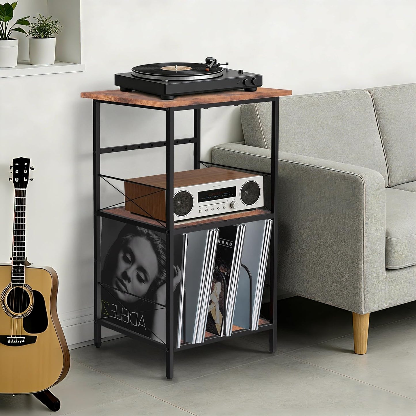 Record Player Stand with 4 Adjustable Dividers, Vinyl Record Storage Holds 200 Lps, 3 Layer End Table, Multi-Functional Record Player Table for Home, Rustic Brown
