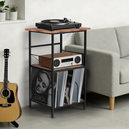 Record Player Stand with 4 Adjustable Dividers, Vinyl Record Storage Holds 200 Lps, 3 Layer End Table, Multi-Functional Record Player Table for Home, Rustic Brown