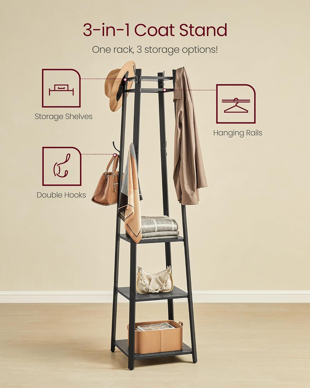 Coat Rack, Coat Stand with 3 Shelves, Hall Tree Free Standing with Hooks for Scarves, Bags, Umbrellas, Steel Frame, Industrial Style, for Entryway, Living Room, Rustic Brown and Black ULCR80X