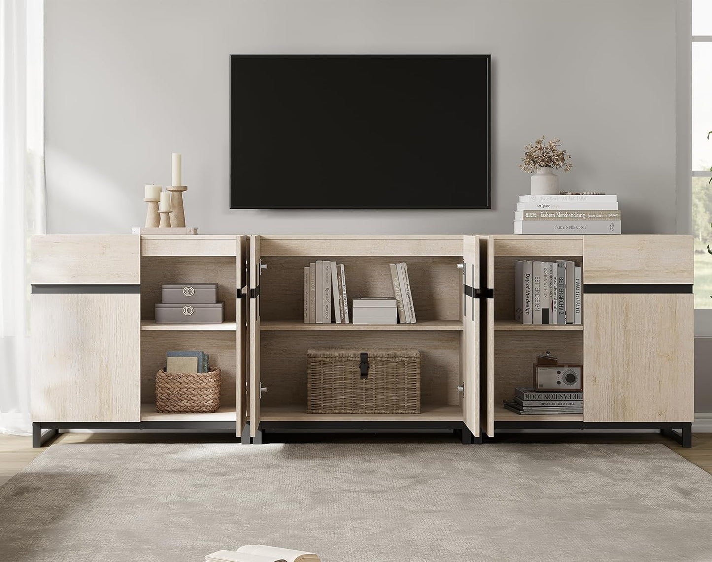 Modern TV Stand for Tvs up to 110 Inch, 3 in 1 Wood Entertainment Center Console Table with Adjustable Shelves and Metal Base for Living Room, Bedroom, Light Oak