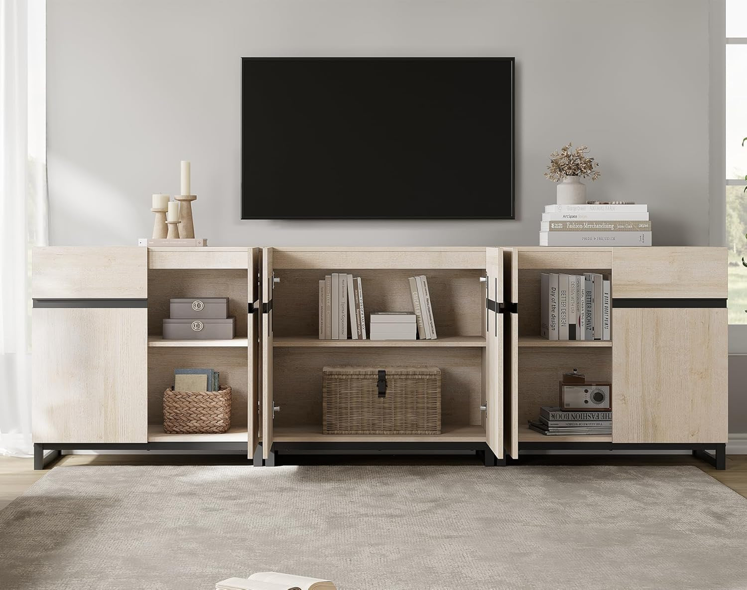 Modern TV Stand for Tvs up to 110 Inch, 3 in 1 Wood Entertainment Center Console Table with Adjustable Shelves and Metal Base for Living Room, Bedroom, Light Oak