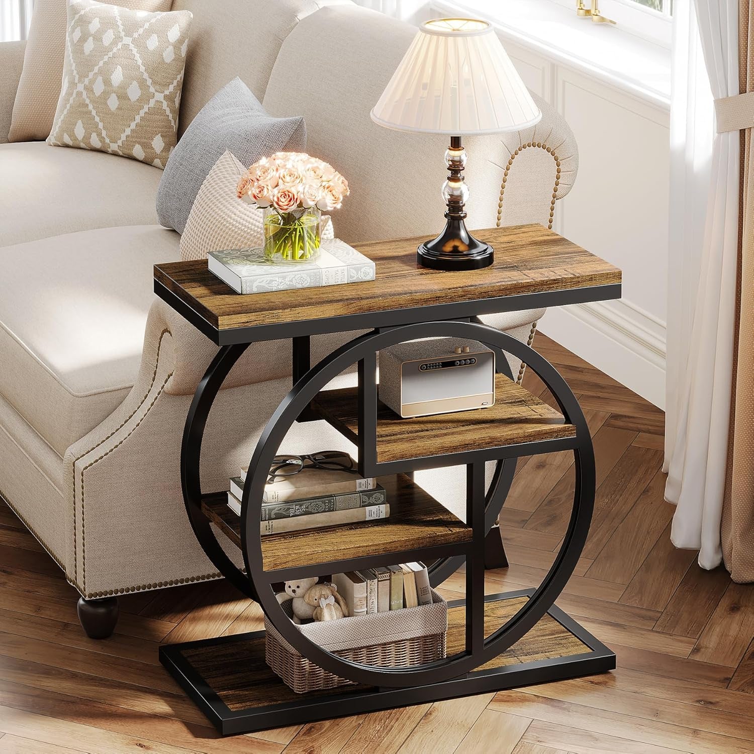 End Table for Living Room, 4-Tier Narrow Side Table with Storage Shelves, Industrial Bedside Table for Bedroom, Wood Small Sofa Side Table with Geometric Metal Frame (1 PC, Rustic Brown)