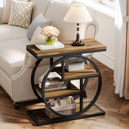 End Table for Living Room, 4-Tier Narrow Side Table with Storage Shelves, Industrial Bedside Table for Bedroom, Wood Small Sofa Side Table with Geometric Metal Frame (1 PC, Rustic Brown)
