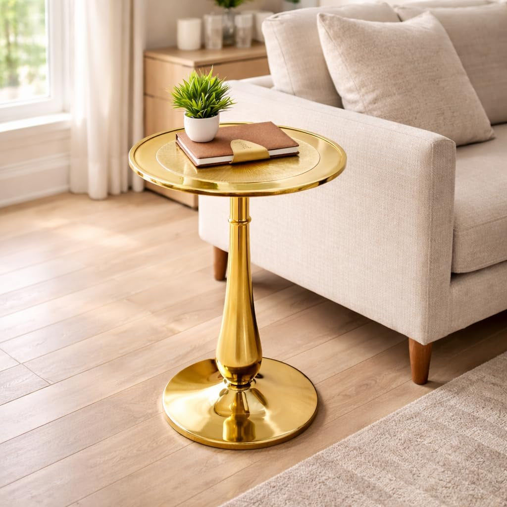 Gold round End Table – Modern Metal Accent Side Table with Embossed Top & Pedestal Base for Living Room, Bedroom, Entryway or Hallway, Electroplated Aluminum Design