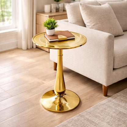 Gold round End Table – Modern Metal Accent Side Table with Embossed Top & Pedestal Base for Living Room, Bedroom, Entryway or Hallway, Electroplated Aluminum Design
