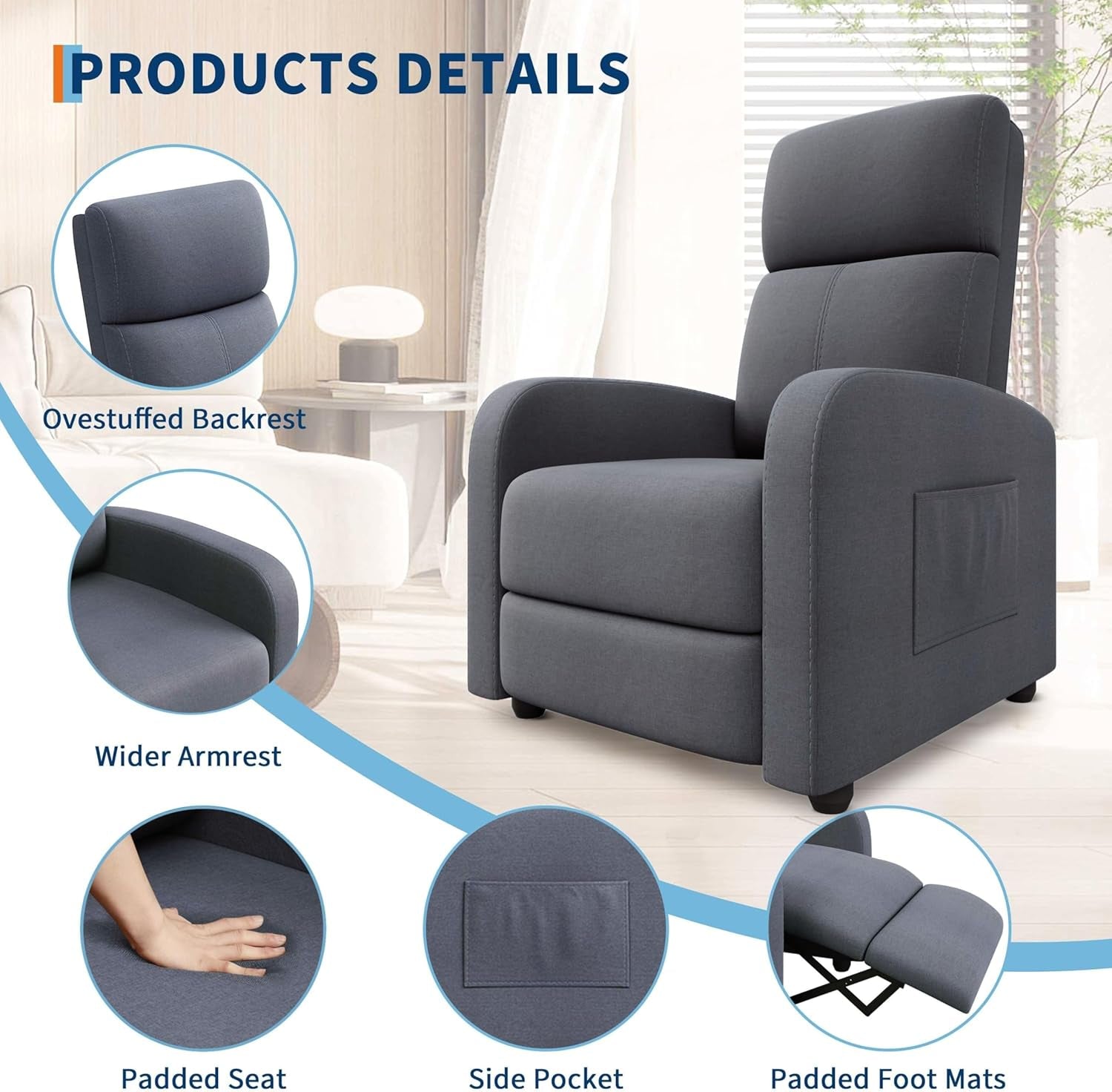 Recliner Chair for Adults, Lazy Recliner Ergonomic Adjustable Single Sofa Enhanced with Side Pocket, Tall Back, Wide Arms & Padded Seat, Home Theater Seating for Living Room