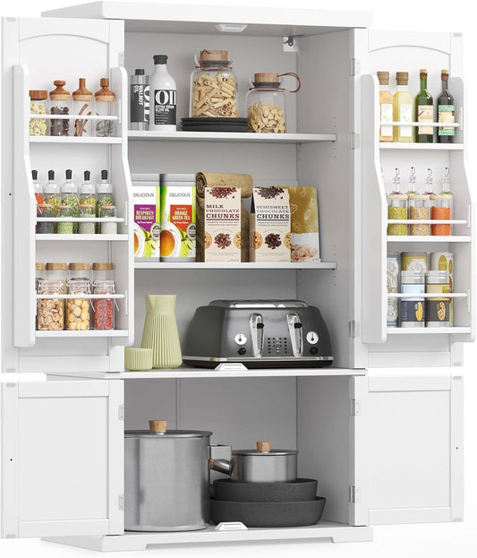 Pantry Cabinet, 53.5-Inch High Freestanding Tall Cupboard Storage Cabinet, 2 Cabinets, 2 Adjustable Shelves, 6 Door Shelves, for Living Room, Kitchen, White UBBC671W01