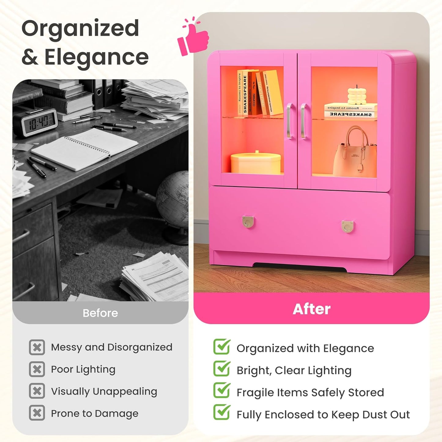 Pink Display Cabinet with Acrylic Doors, 27'' Tall Curio Cabinet with LED Lights, Modern Storage Cabinet with Drawers & Adjustable Shelves, Ideal for Living Room, Child'S Room