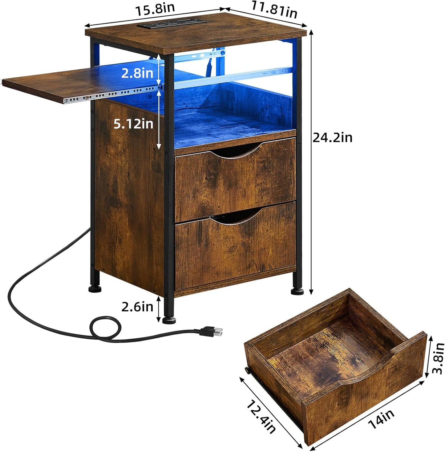 End Table with Charging Station, Narrow Side Table with 2 Drawers, Nightstand with 7 Color LED Light, Slim Bedside Table for Bedroom, Living Room, Small Spaces, Brown