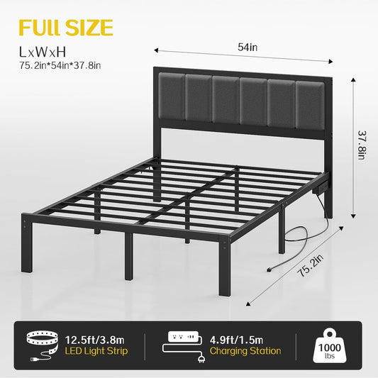 Full Bed Frame with Headboard Metal Platform Bed Full Size with USB Charging Station and LED Lights, No Box Spring Needed