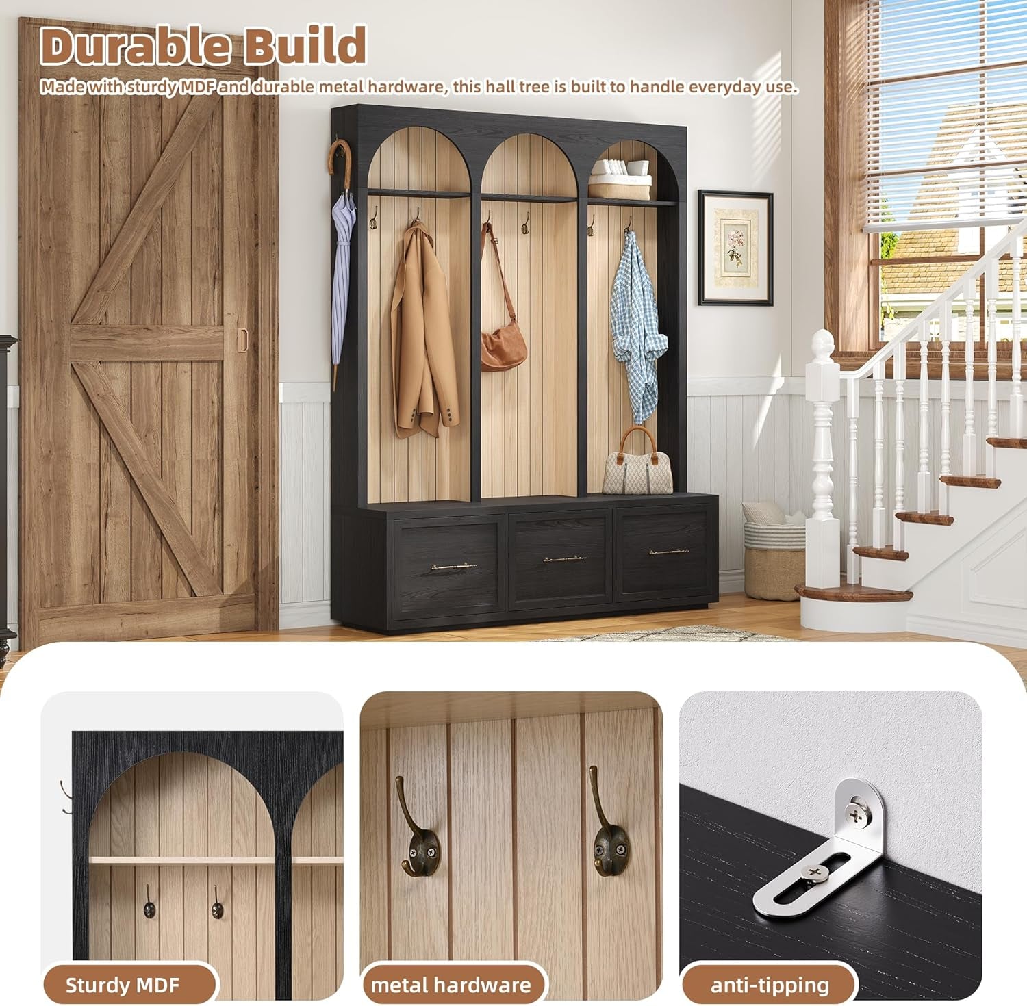 59" Wide Rustic Coat Rack & Shoe Organizer, Farmhouse Hall Tree with Arched Design,Entryway Bench with 3 Drawers, 8 Retro Hooks for Mudroom, Living Room, Black, 74.8" H